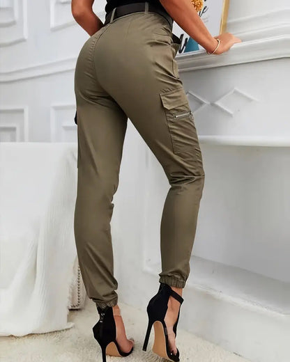 Mid-Waist Pocket Cuffed Cargo Pants