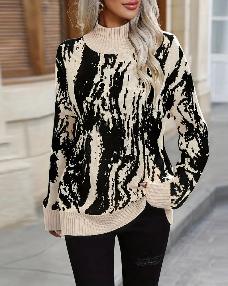 Stand Collar Printed Drop Shoulder Jumper