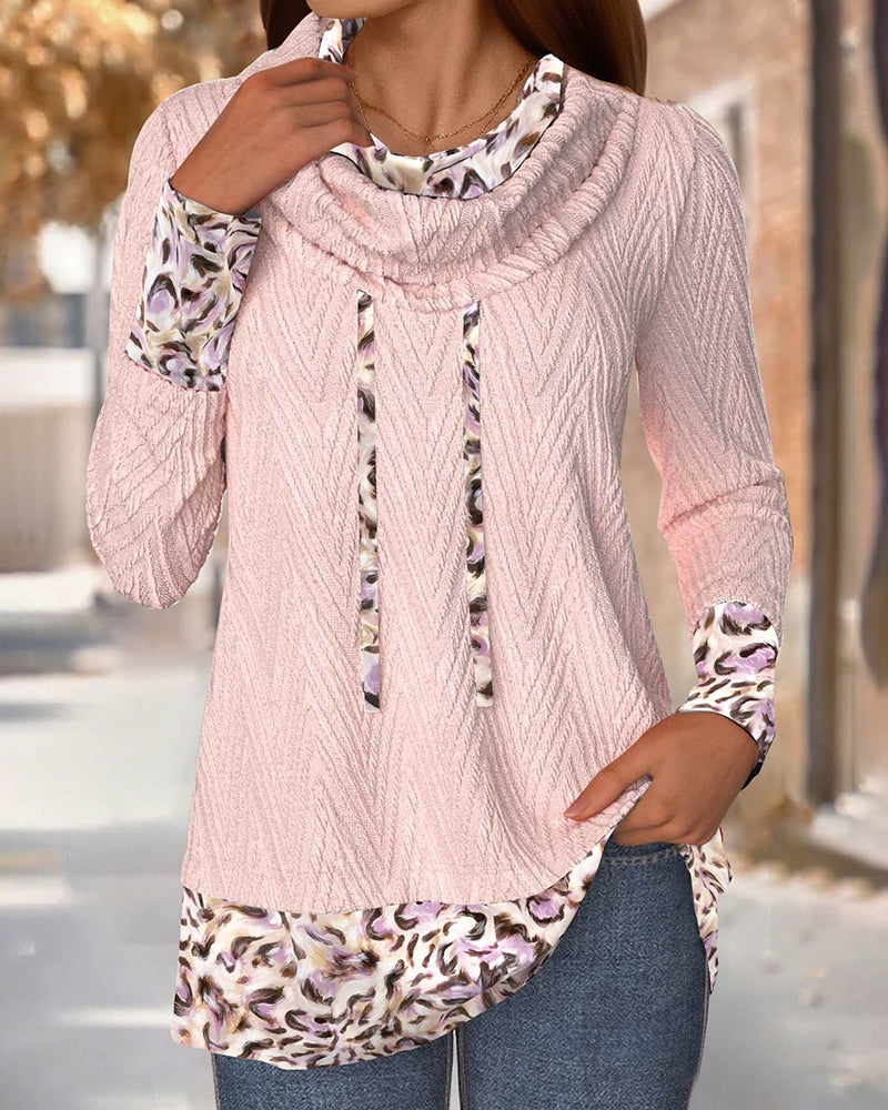 Cowl Neck Tied Leopard Print Spliced Sweatshirt
