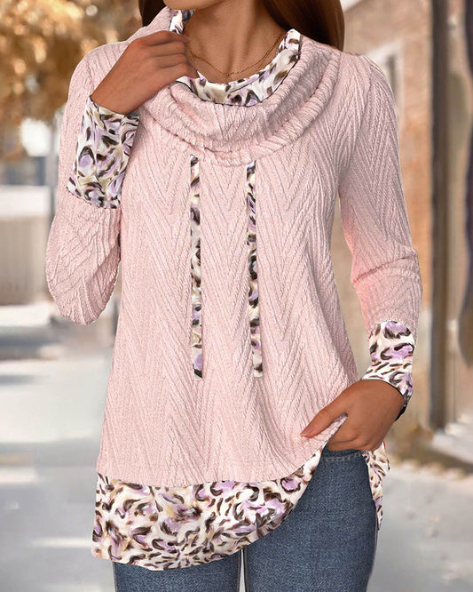 Cowl Neck Tied Leopard Print Spliced Sweatshirt