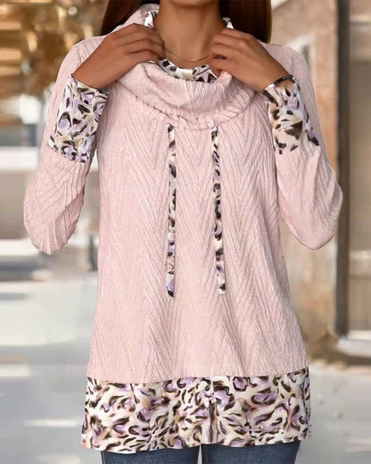 Cowl Neck Tied Leopard Print Spliced Sweatshirt