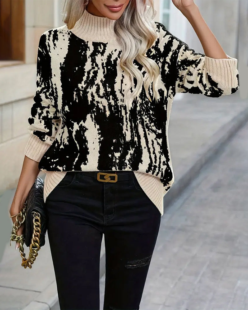 Stand Collar Printed Drop Shoulder Jumper