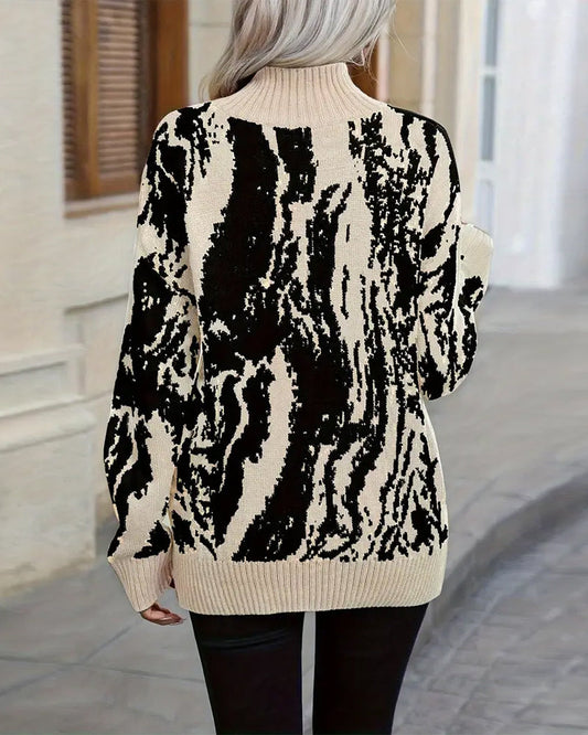 Stand Collar Printed Drop Shoulder Jumper